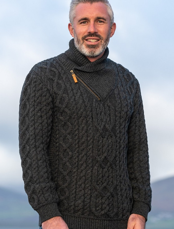 Aran Zip Shawl Neck Sweater - Charcoal