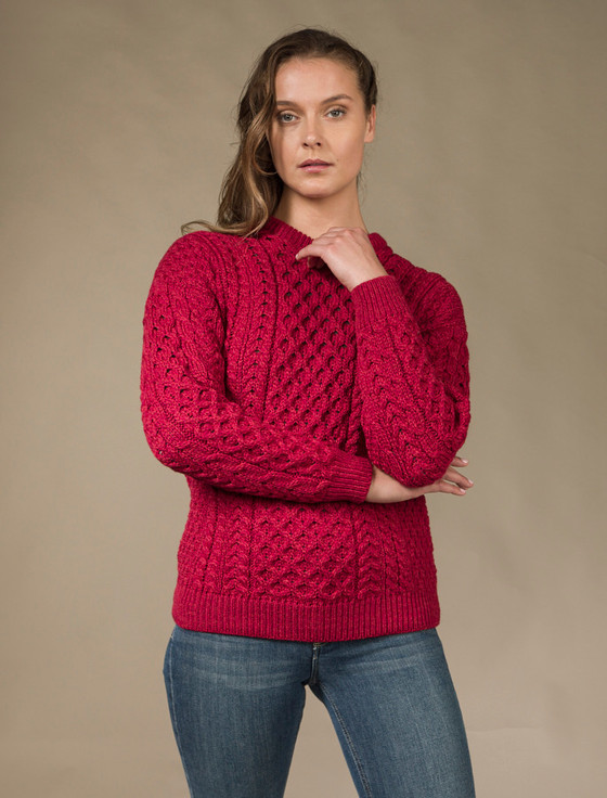 Women's Merino Aran Sweater - Chillipepper