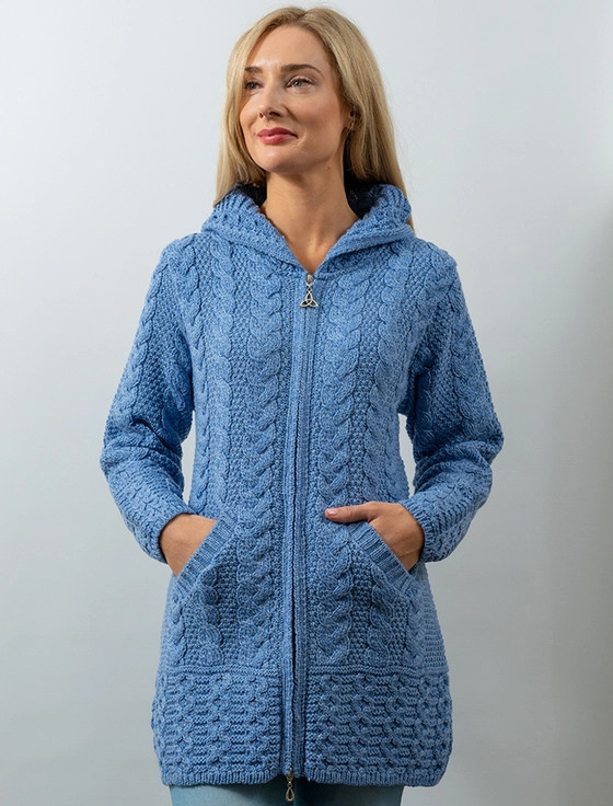 Hooded Coatigan with Celtic Knot Zipper Pull - Wedgewood