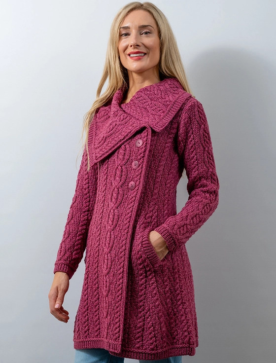 Large Collar Aran Coat -Magenta - color: Magenta; type: Hero, Front, Primary
