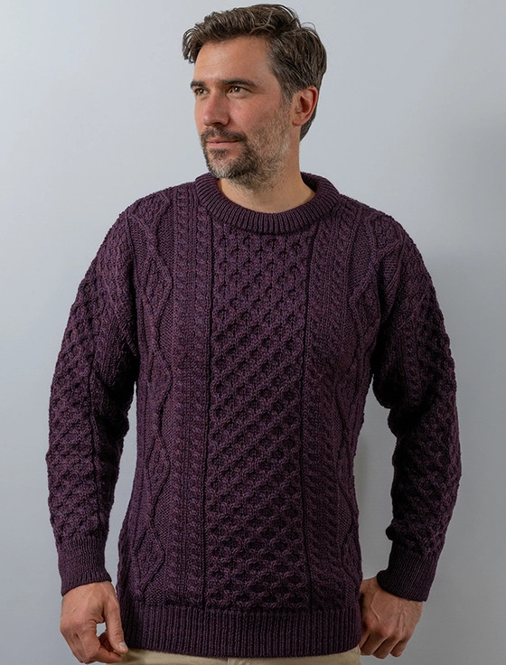 Men's Cable Knit Crew Neck Aran Wool Sweater - Grape