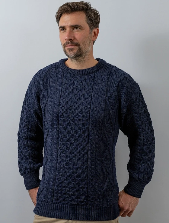 Men's Cable Knit Crew Neck Aran Wool Sweater - Navy
