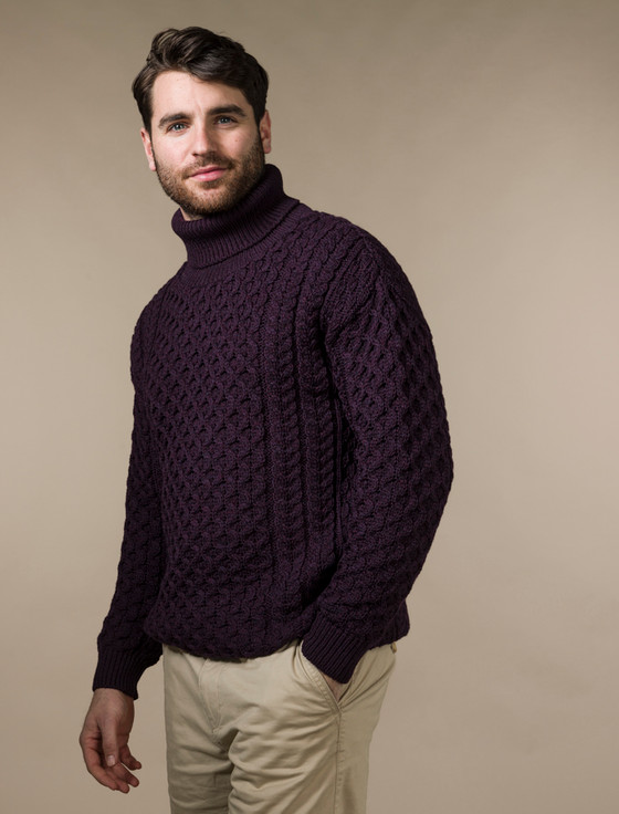 Damson Men's V-Neck One Button Aran Sweater