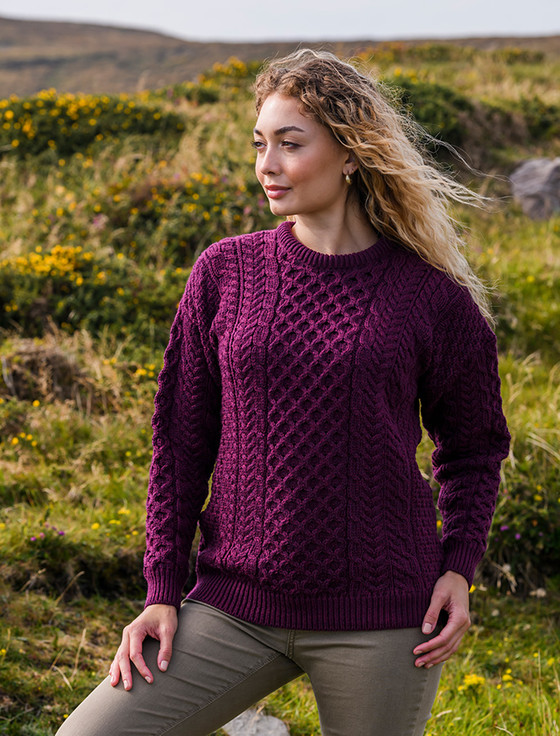 Women's Merino Aran Sweater - Very Berry