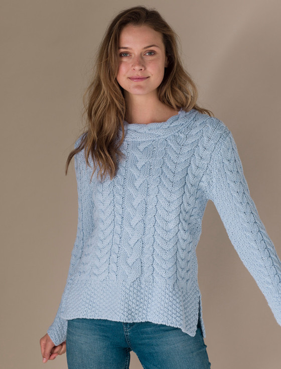 Women's Side Slit Tunic Aran Sweater - Ice Blue