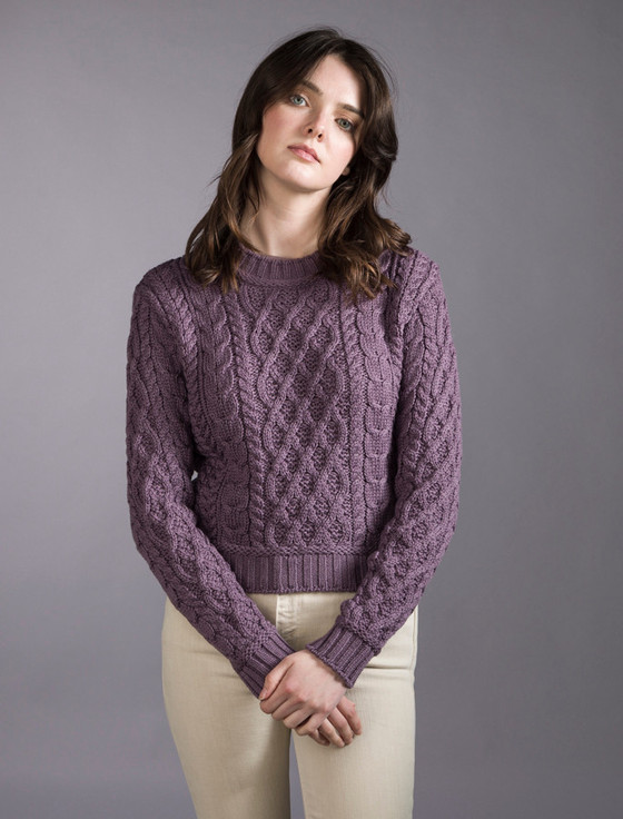 Ladies Cropped Aran Sweater - Warm Lavender