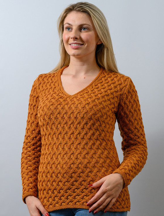 Open Neck Merino Trellis Sweater - Golden Ochre