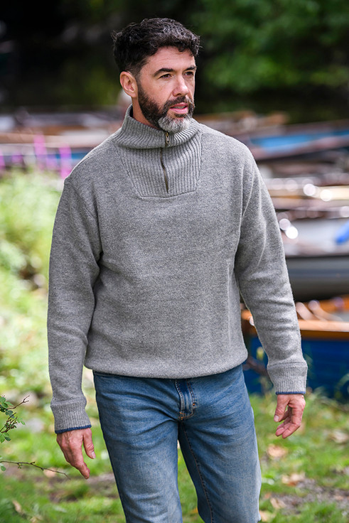 Mens Half Zip Irish Wool Sweater - Grey Smoke