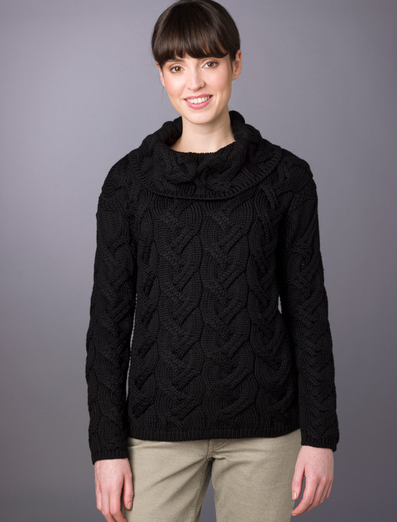 Super Soft Chunky Cable Cowl Neck Aran - Black
