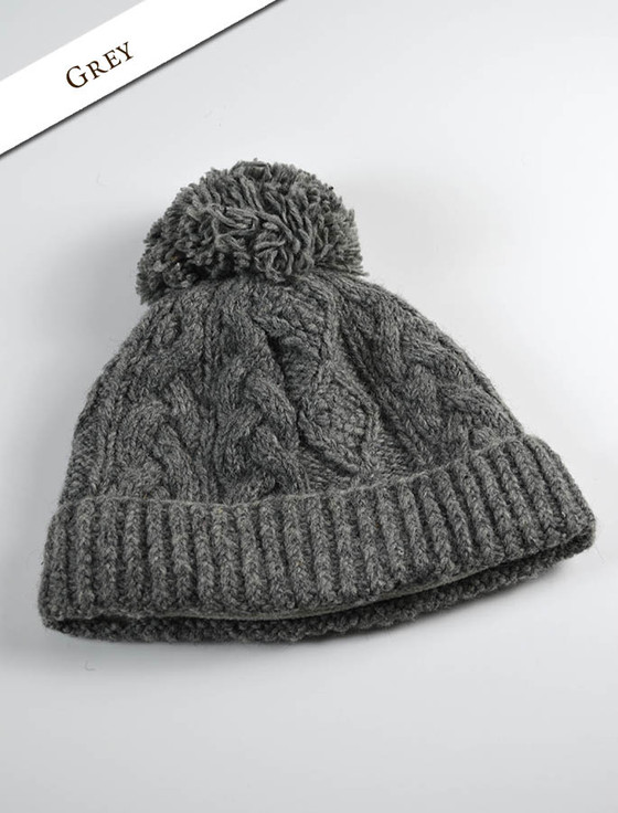 Aran Fleece Lined Rib Cap with Bobble - Grey