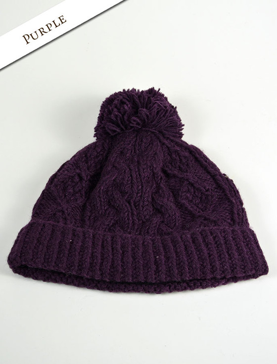 Aran Fleece Lined Rib Cap with Bobble - Purple
