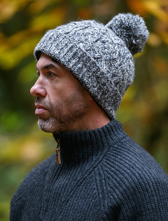 Aran Fleece Lined Rib Cap with Bobble - White Charcoal