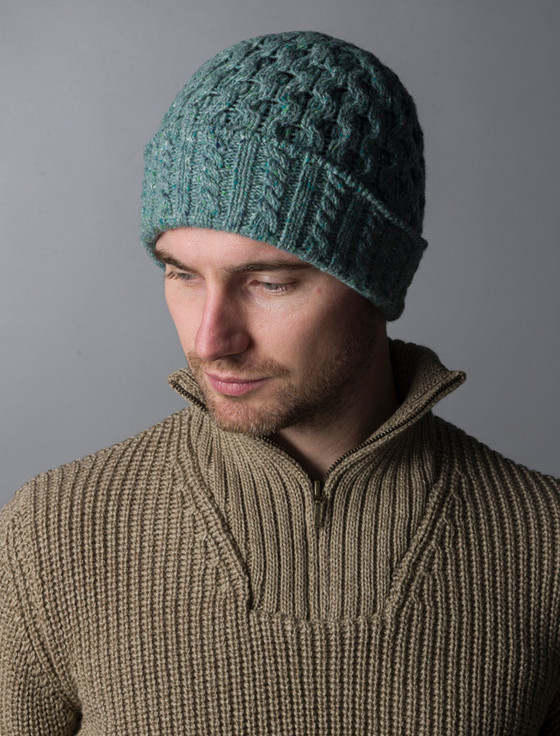 Wool Cashmere Aran Honeycomb Hat - Ocean Mist