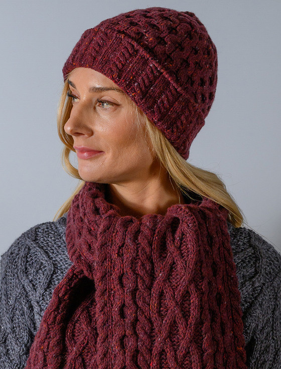 Women's Wool Cashmere Aran Honeycomb Hat - Rich Burgundy