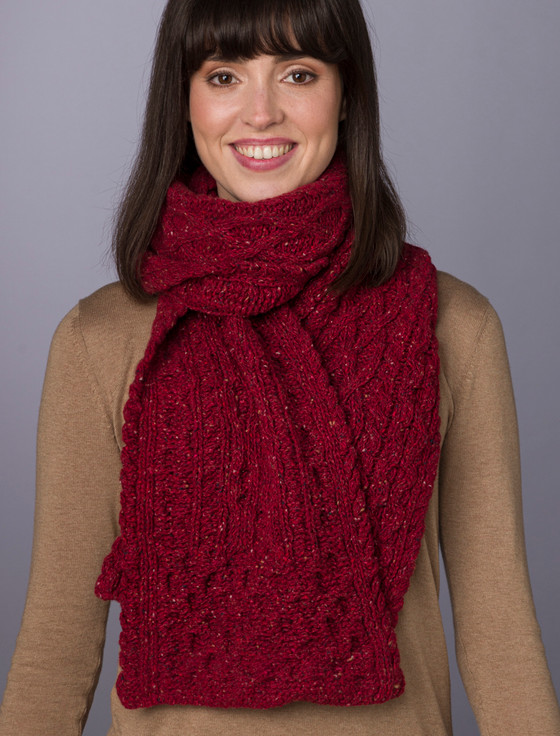 Women's Wool Cashmere Aran Honeycomb Scarf - Red