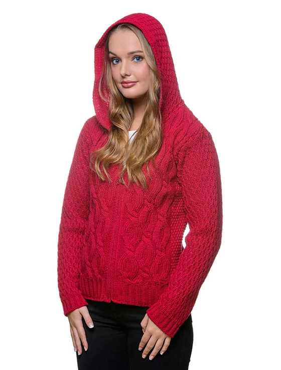 Women's Merino Wool Cable Knit Hoodie - Cranberry