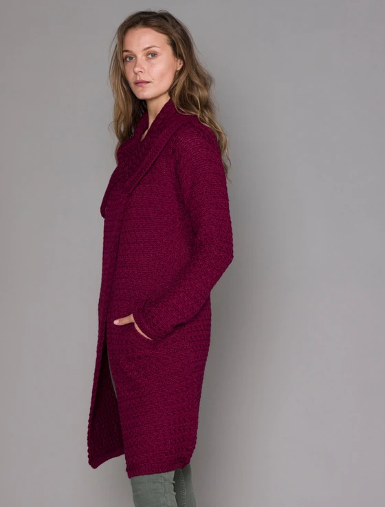 Woven Textured Aran Wrap Coat - Claret