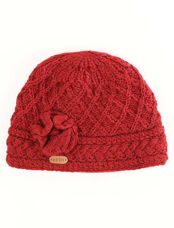 Ladies Aran Trellis Pull-on Hat With Flower | Aran Sweater Market