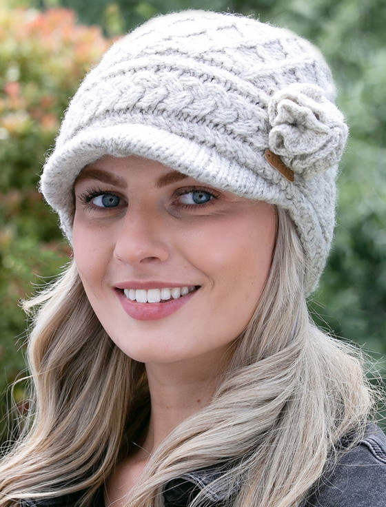 Ladies Aran Trellis Peak Hat With Flower | Aran Sweater Market