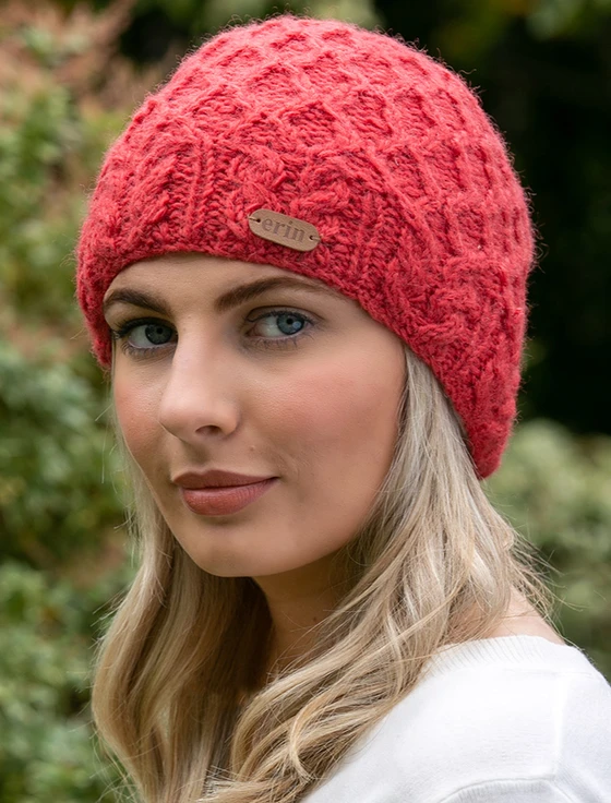 Ladies Aran Diamond Pull-on Hat - Raspberry