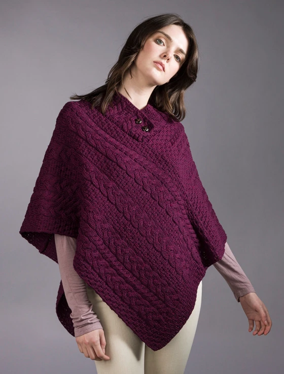 Cable Poncho with Aran Button Detail - Very Berry
