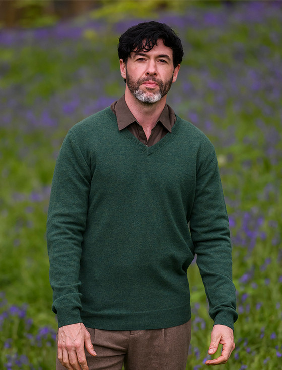 Mens Lambswool V-Neck Sweater - Green Melange