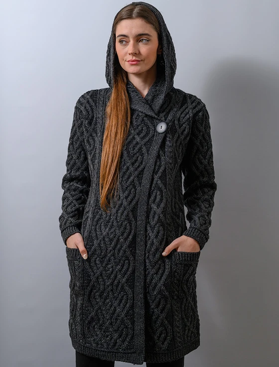 Plaited One Button Coat with Hood - Charcoal