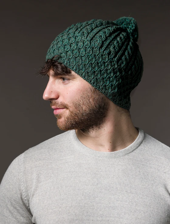 Merino Honeycomb Pom Pom Hat - Connemara Green