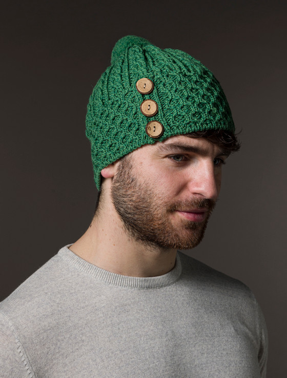 Merino Honeycomb and Cable Pom Hat | Connemara Green | Aran Sweater Market