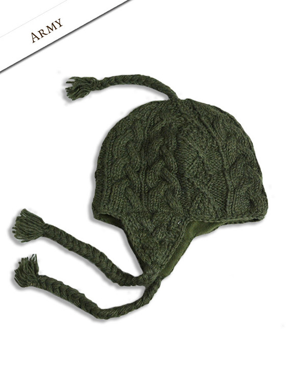 Aran Cable Fleece Lined Hat with Ear Flaps - Army Green