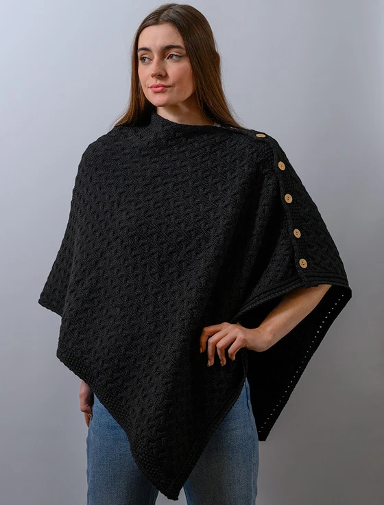 Super Soft Trellis Poncho -  Black