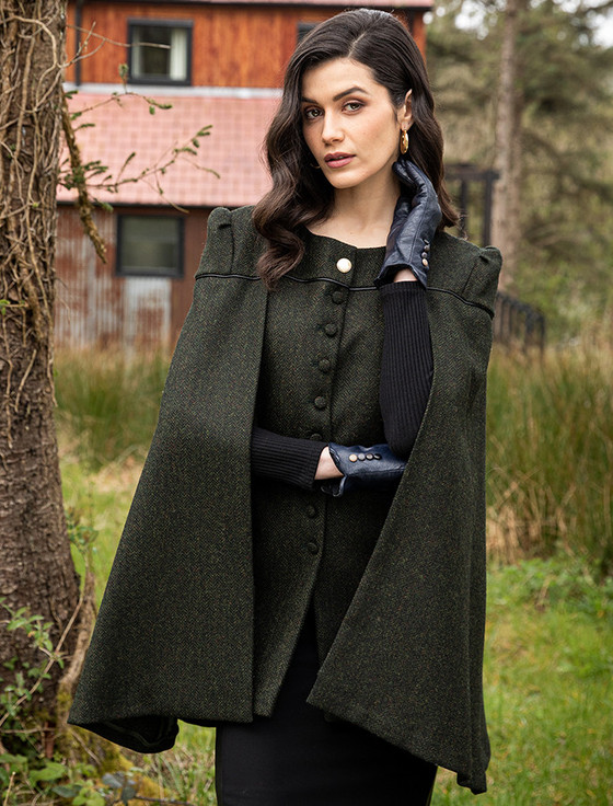 Aisling Tailored Tweed & Leather Cape - Winning Green Herringbone