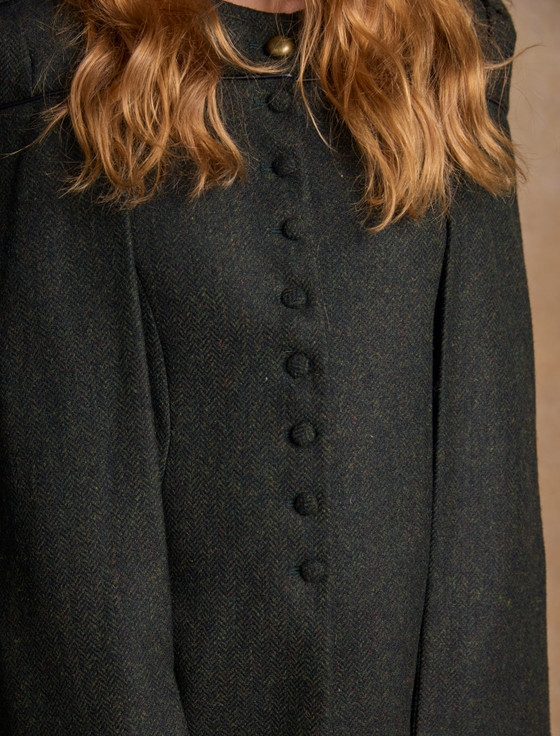 Aisling Tailored Tweed & Leather Cape - Winning Green Herringbone