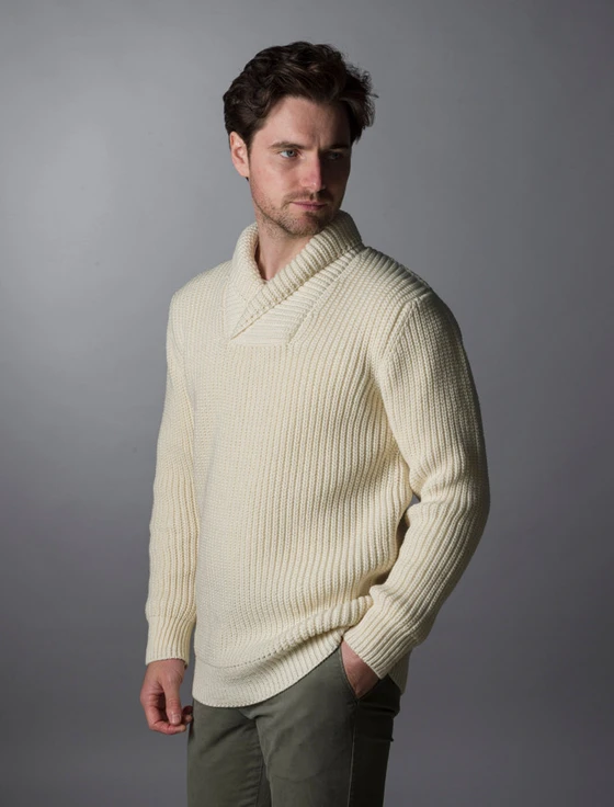 Fisherman Shawl Neck Sweater-Natural White