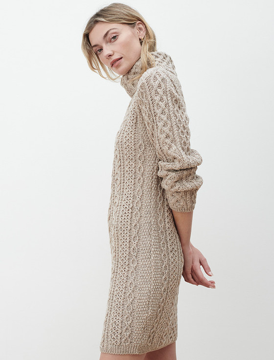 Cable Aran Dress with Cowl Neck - Wicker