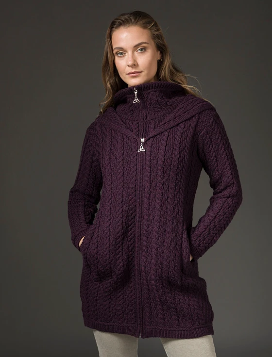 Aran Hooded Double Zip Coat - Damson