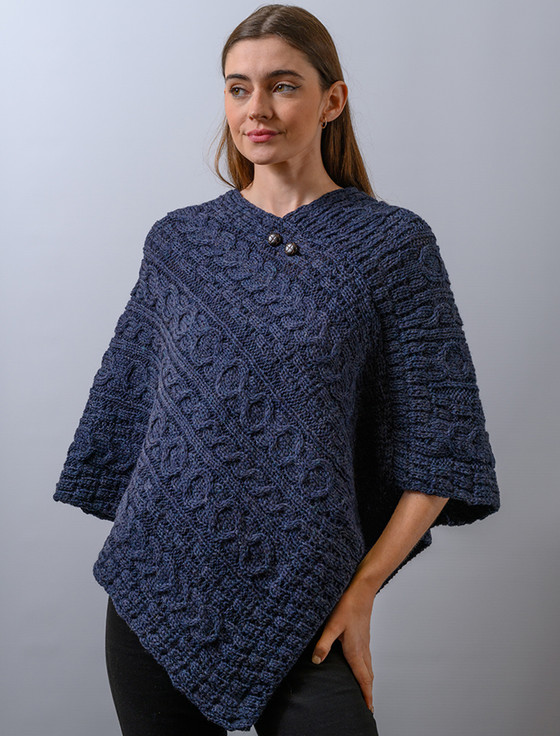 Aran Cable Wool Poncho - Denim