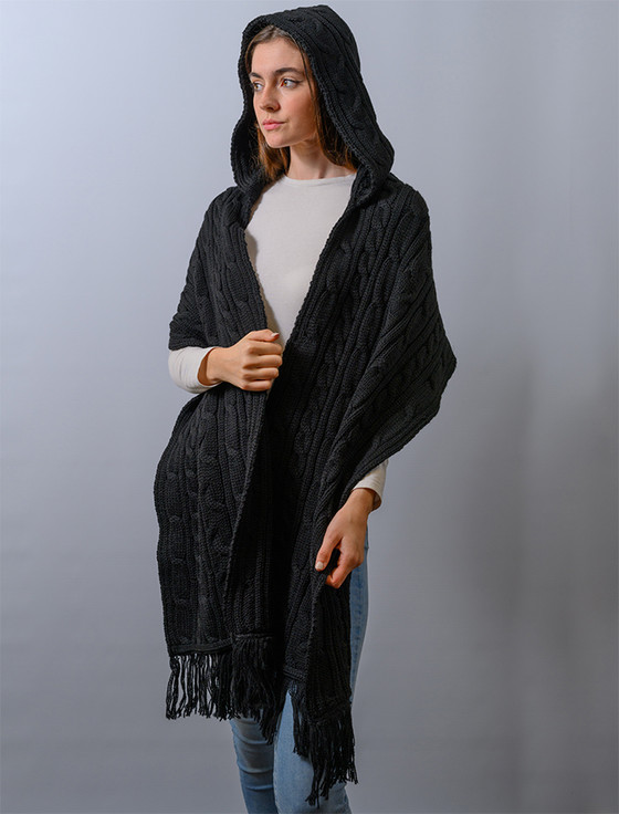 Womens Black Hooded Wrap Scarf