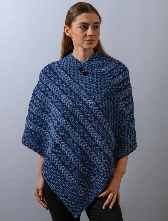 Plaited Aran Poncho with Button Detail - Denim/Atlantic