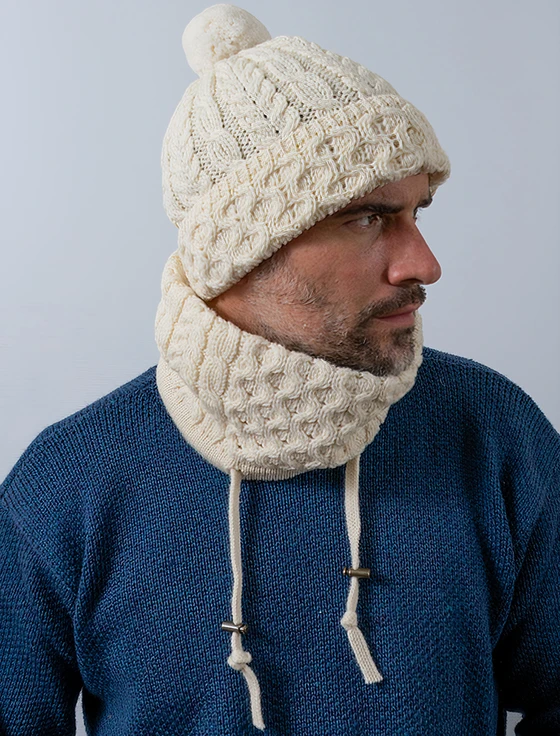 Honeycomb & Cable Hat with Pom Pom - Natural White