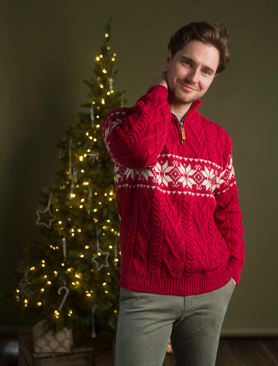Snowflake Zip-Neck Aran Sweater, Zip Neck Aran Sweater
