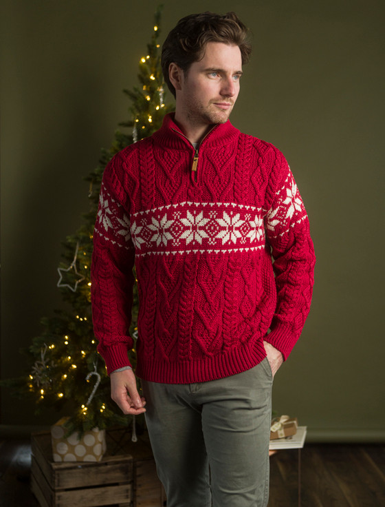 Snowflake Zip-Neck Aran Sweater, Zip Neck Aran Sweater