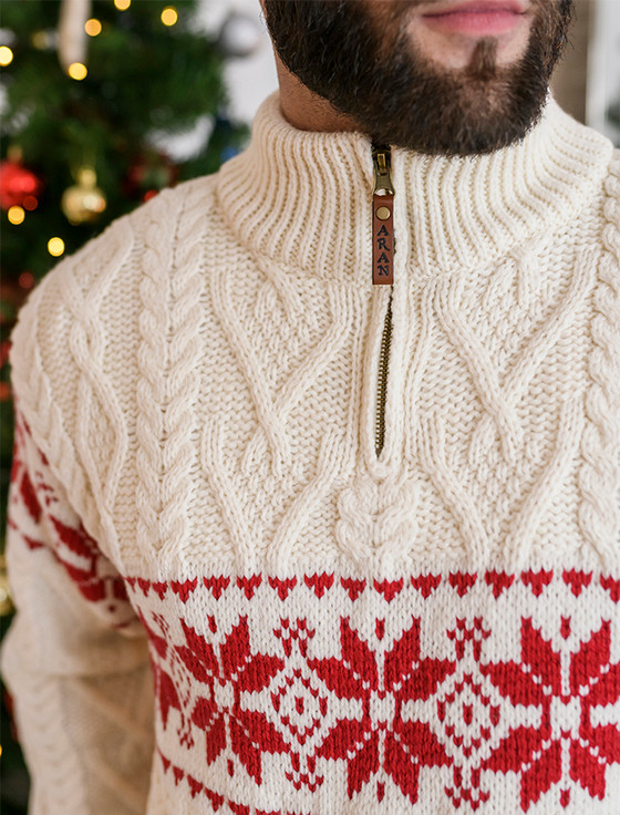 Snowflake Zip-Neck Aran Sweater, Zip Neck Aran Sweater
