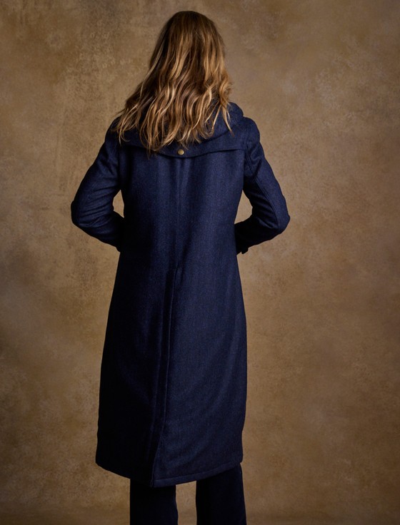 Julia Long Tweed Coat - Navy Herringbone | Aran Sweater Market