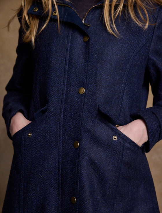 Julia Long Tweed Coat - Navy Herringbone | Aran Sweater Market