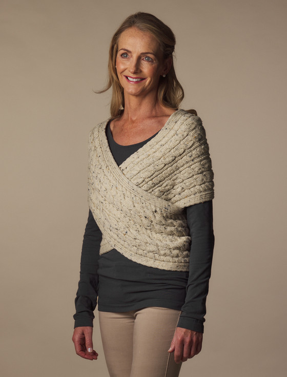 Merino Aran Cable Crossover Wrap with Buttons - Aran Nep