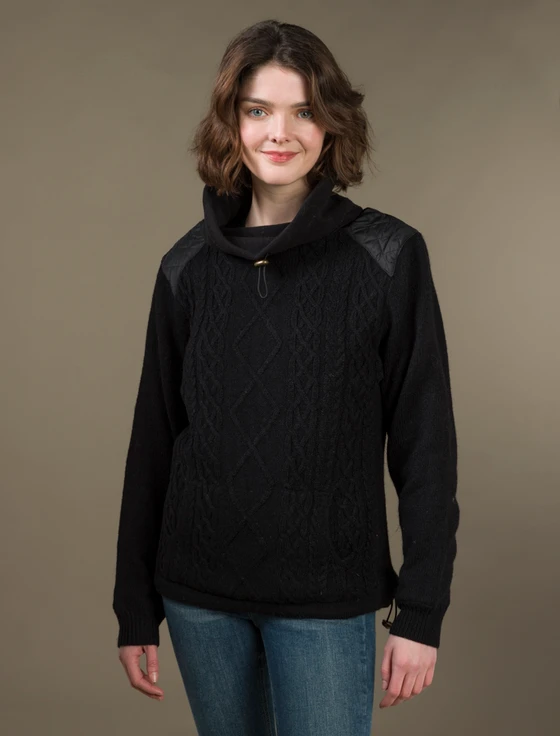 Cowl Neck Aran Sweater - Black