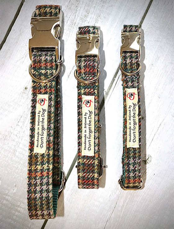 Tweed Dog Collar Metal Buckle - Green & Amber Plaid