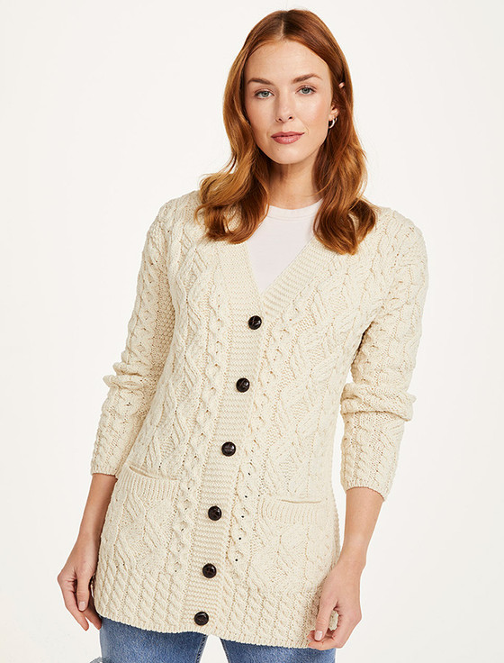 Ladies Button-Up Aran Cardigan - Ecru