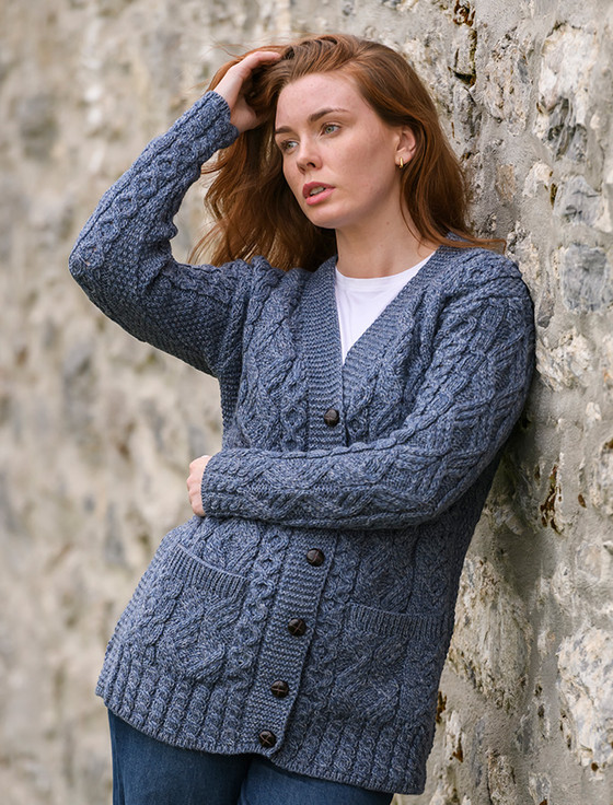 Ladies Button-Up Aran Cardigan - Denim